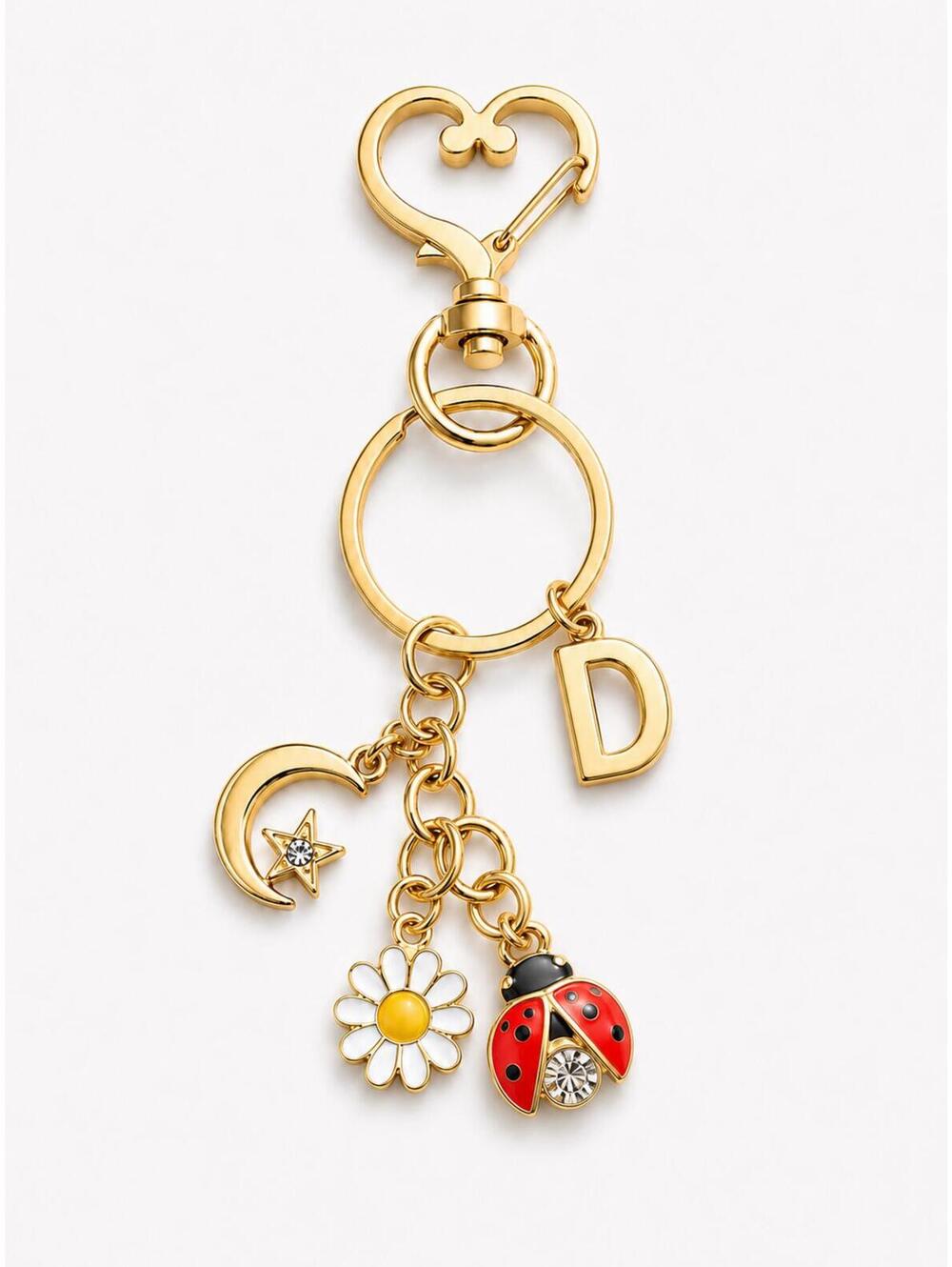 Gold tone letter  D Keychain charm with Dangle Charms